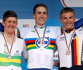 Il podio Mondiale al termine della cronometro Under 23: Taylor Phinney tra Luke Durbridge e Marcel Kittel © Bettiniphoto