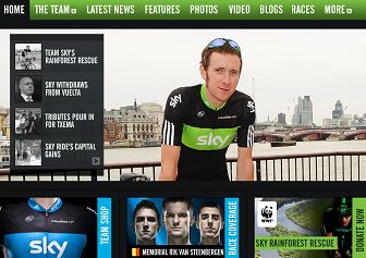 La homepage di oggi del sito ufficiale del Team Sky, con Wiggins in bella vista nella nuova divisa