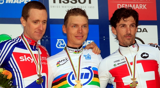 Il podio della Cronometro Mondiale con Tony Martin tra Bradley Wiggins e Fabian Cancellara © Bettiniphoto