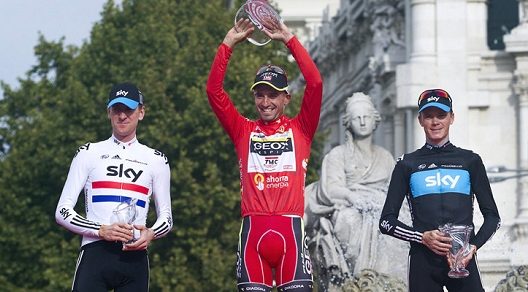 Il podio della Vuelta a España 2011, con Cobo primo tra Wiggins terzo e Froome secondo © www.teamsky.com