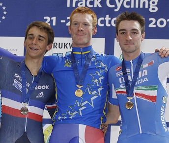 Il podio dell'Omnium agli Europei, con Viviani terzo dietro a Clancy e Coquard © Bettiniphoto