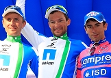 Il podio finale della Coppi e Bartali 2012, con Jan Barta tra Bartosz Huzarski e Diego Ulissi © Bettiniphoto