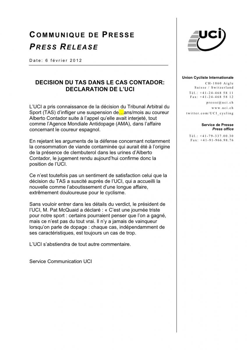 Il comunicato stampa emesso dall'UCI dopo la condanna di Contador