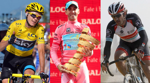 Da sinistra: Chris Froome in giallo al Tour, Vincenzo Nibali in rosa al Giro e Fabian Cancellare in azione alla Roubaix vinta - Elaborazione Cicloweb.it © Bettiniphoto