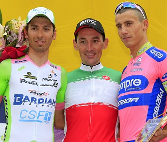 Marco Pinotti in maglia tricolore; con lui sul podio Pirazzi e Malori © Bettiniphoto