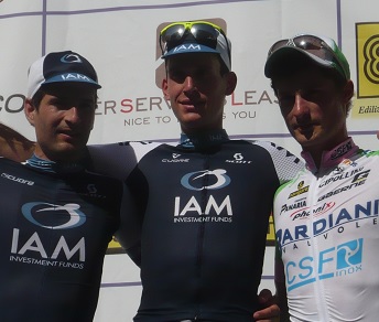 Il podio del Trofeo Matteotti, con Sébastien Reichenbach tra Johann Tschopp ed Enrico Bataglin © Cicloweb.it