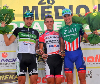 Il podio del Giro del Medio Brenta. Da sinistra: Matteo Collodel, Federico Rocchetti ed Alex Turrin © EuroGrotto