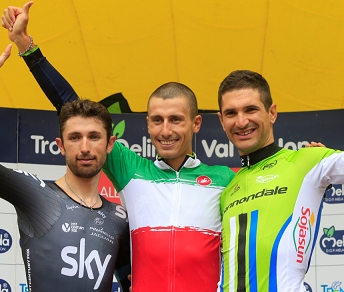 Il podio del Campionato Italiano Cronometro con Adriano Malori tra Dario Cataldo e Alan Marangoni © Bettiniphoto