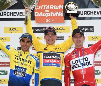 Da sinistra: Alberto Contador, Andrew Talansky e Jurgen Van den Broeck sul podio del Critérium del Delfinato © Bettiniphoto