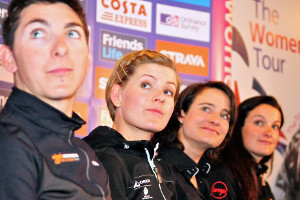Bronzini, Johansson, Vos ed Armitstead nella conferenza stampa di presentazione della corsa © womenstour.co.uk
