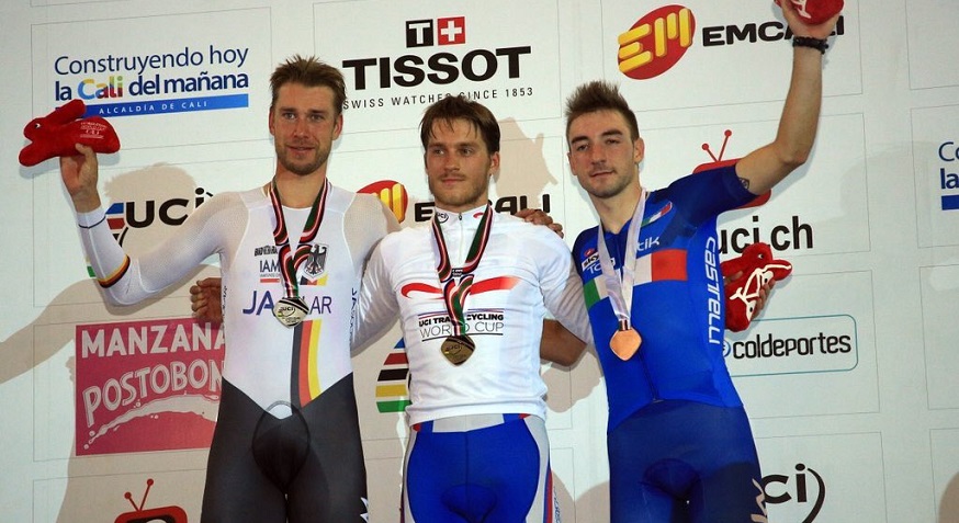 Il podio finale dell'Omnium con Viviani terzo dietro a Manakov e Kluge © Track World Cup Cali