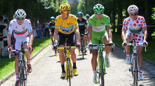 Le maglie del Tour. Da sinistra: Tejay Van Garderen in bianco, Bradley Wiggins in giallo, Peter Sagan in verde, Thomas Voeckler a pois © Betttiniphoto