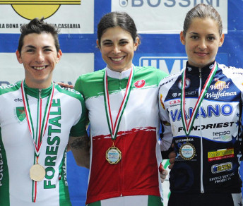 Il podio della Velocità donne, con Annalisa Cucinotta oro su Giorgia Bronzini e Barbara Guarischi © Rodella